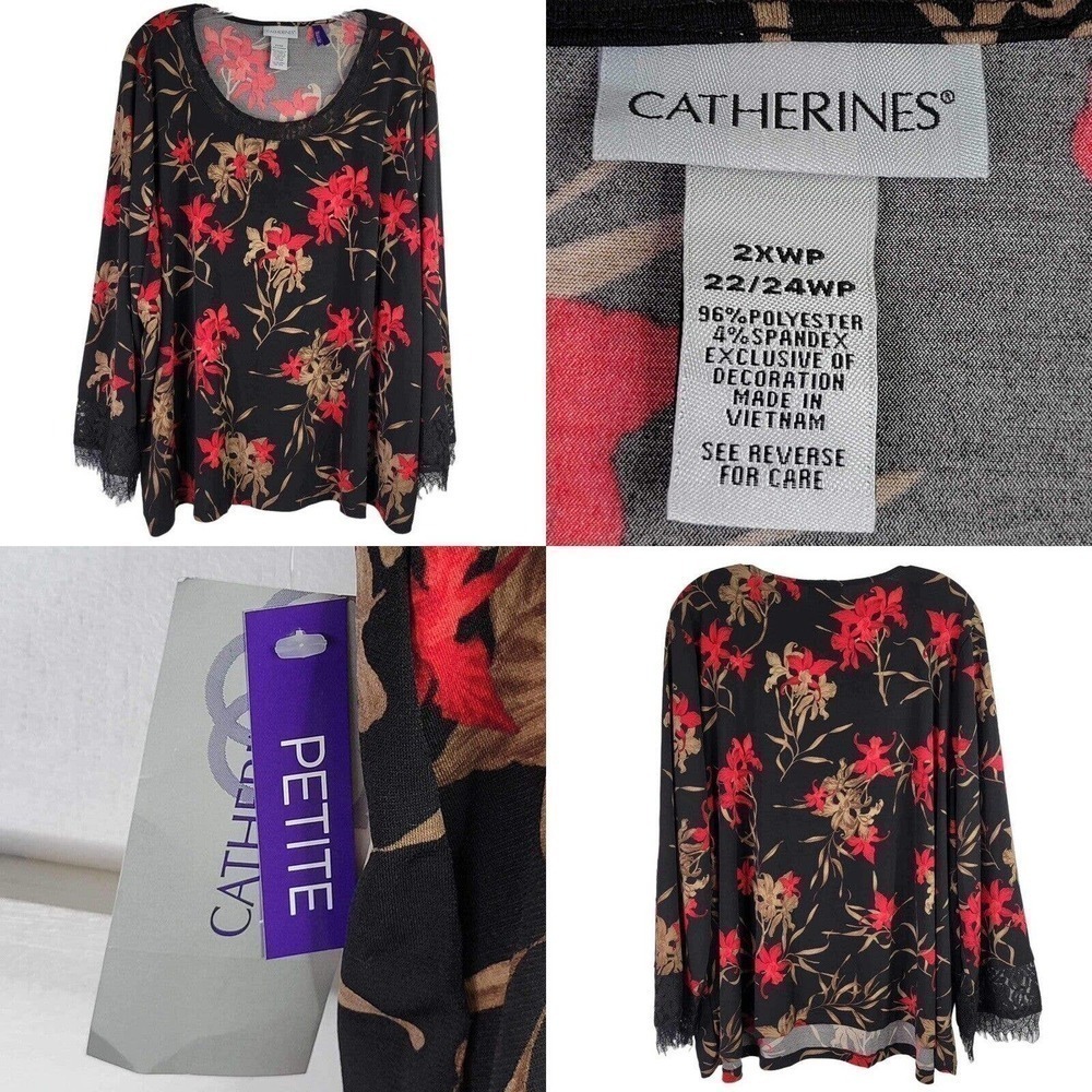 Catherines Tunic Top Womens Plus 2XWP Black Red LS Sleeve Floral Pullover New